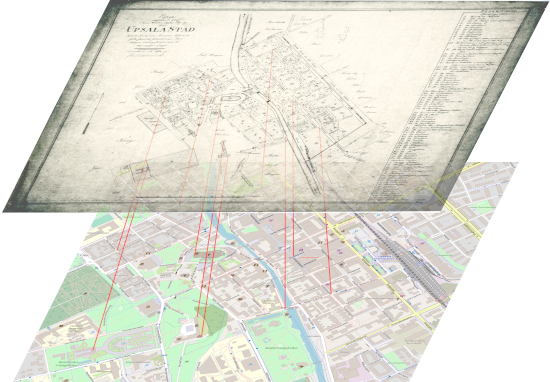Historisk stadskarta över Uppsala, lagt ovanpå en OpenStreetMap karta
